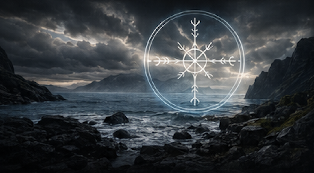Nordic seascape with a luminous rune compass — atmospheric visual for the DJ Njord identity